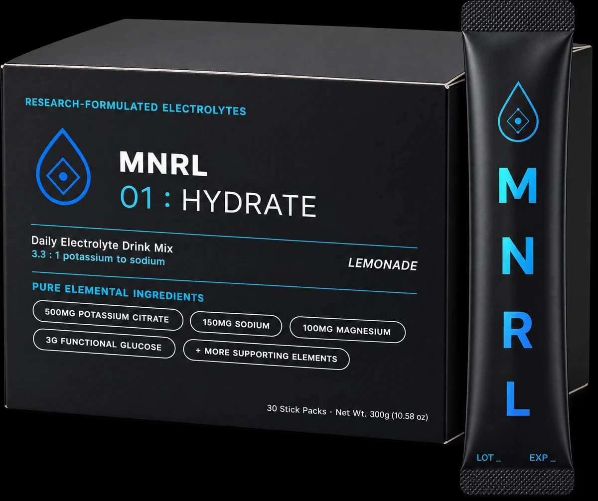 The MNRL 01 Hydrate box of 30 stick packs, with one black stick pack standing beside it