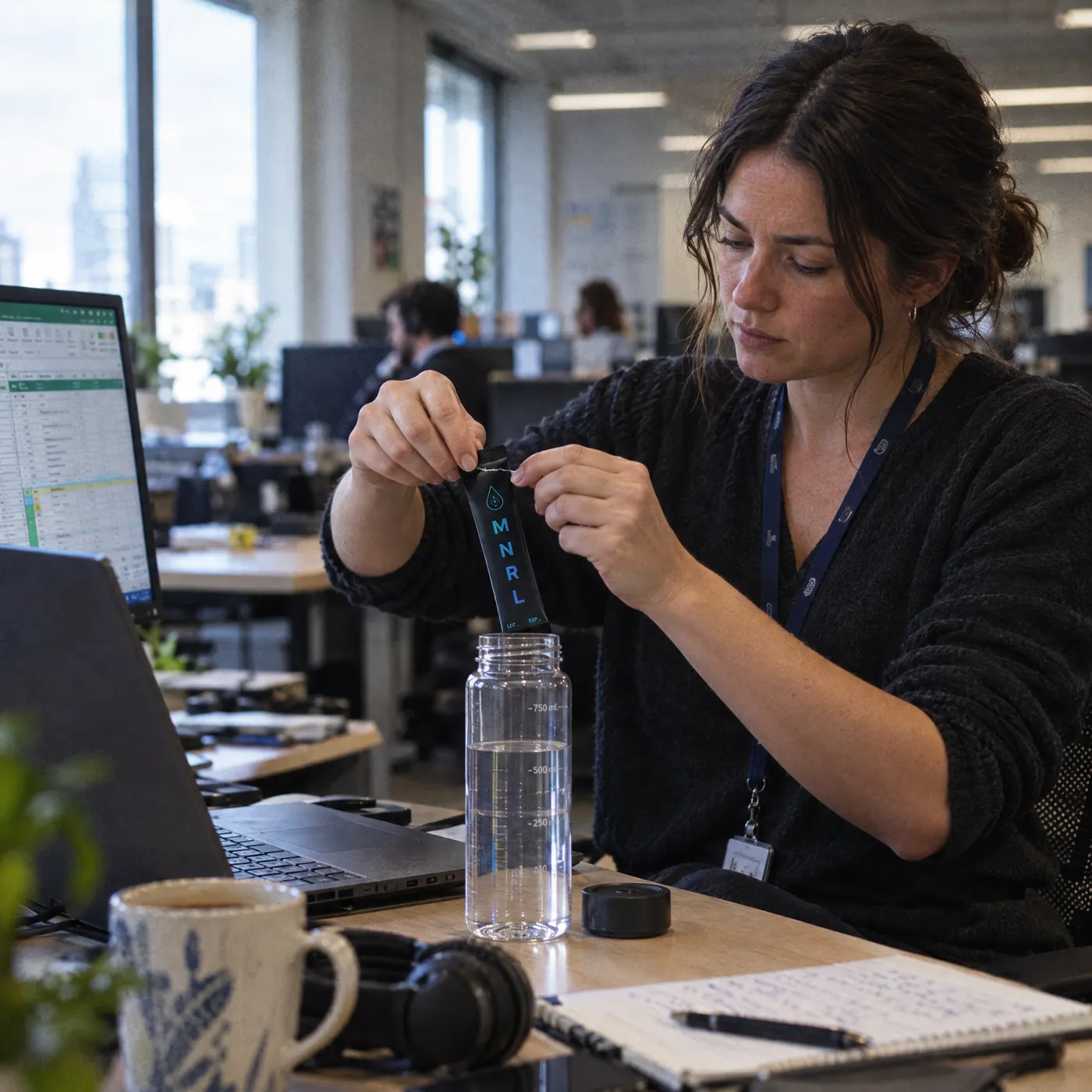 A woman at her office desk mid-afternoon, tearing an MNRL stick pack into her water bottle
