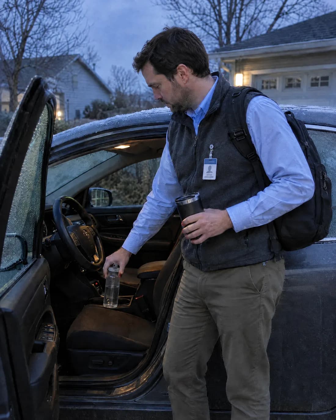 A man dressed for the office, laptop backpack on, dropping a water bottle into his car's cup holder before dawn