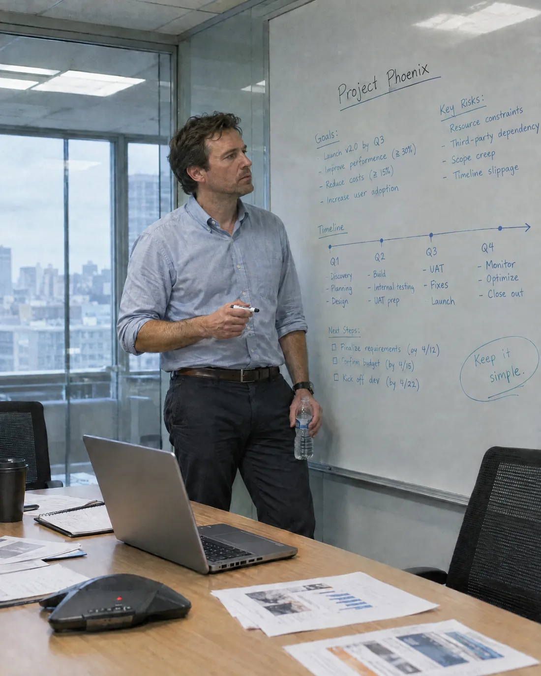 A man at a whiteboard in an office meeting room mid-afternoon, water bottle in hand