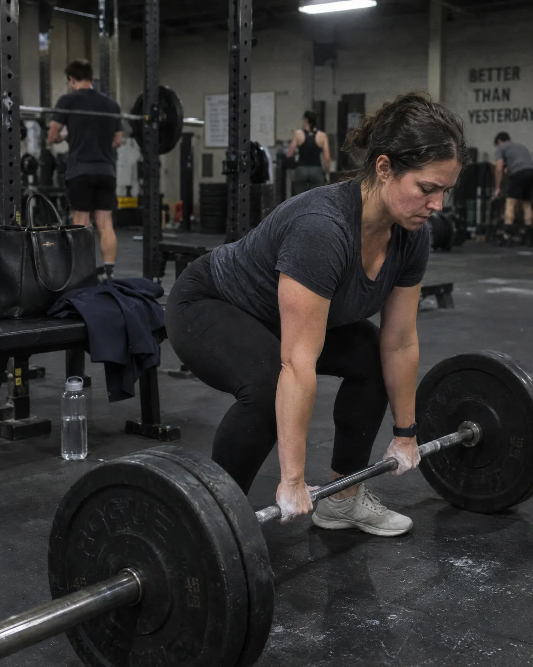 A woman straight from work setting up a deadlift, her work bag on the bench beside her