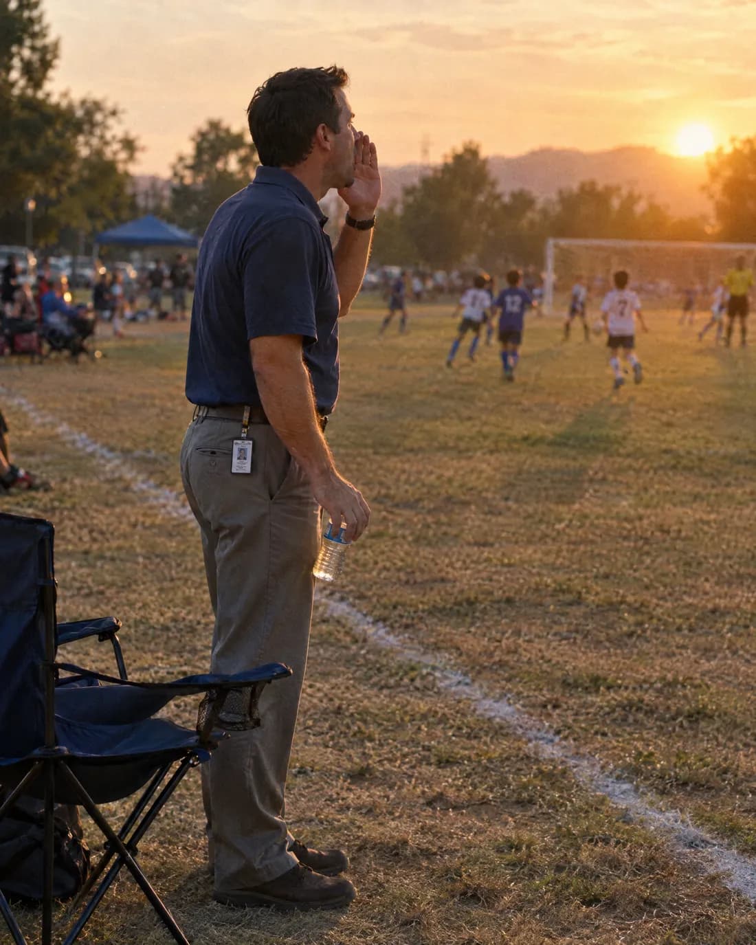 A dad still wearing his office badge, calling out from the sideline of a youth soccer game